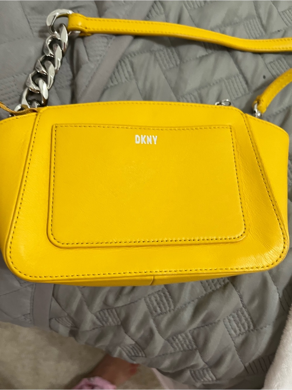 DKNY Bright Yellow Leather Crossbody with Silver Chain Accent